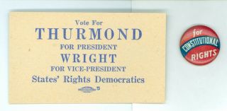 1948 Vintage Political President Strom Thurmond Campaign Pinback Button & Card