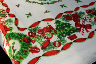 Vintage Cotton Christmas Tablecloth 60x88 Candy Canes Bells Wreaths Ribbons