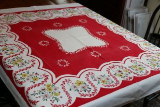 Vintage Fab Cotton Kitchen Tablecloth Posies Red & White Great Color 50x50