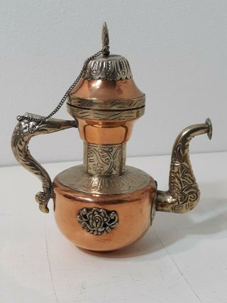 Vintage Ornate Etched Copper / Brass Tea Pot Made In India 8 Inches Tall
