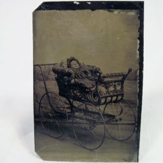 Old Tintype Baby In Victorian Carriage Post Mortem Or Sleeping Sixth Plate