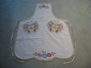 Vintage Hand Embroidered Bib Full Apron Smock 1930’s Ladies Butterfly Pattern