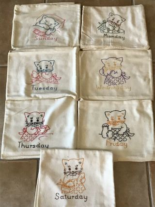 Vintage Set Days Of The Week Hand Embroidered Flour Sack Towels Kittens Cats