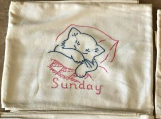 VINTAGE Set DAYS OF THE WEEK Hand Embroidered Flour Sack TOWELS KITTENS CATS 2