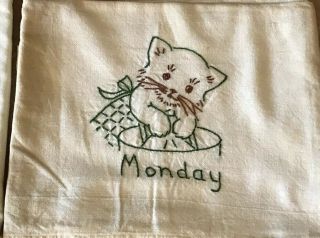 VINTAGE Set DAYS OF THE WEEK Hand Embroidered Flour Sack TOWELS KITTENS CATS 3