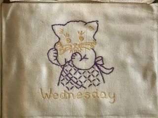 VINTAGE Set DAYS OF THE WEEK Hand Embroidered Flour Sack TOWELS KITTENS CATS 5