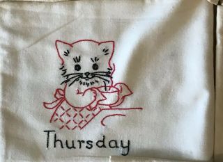 VINTAGE Set DAYS OF THE WEEK Hand Embroidered Flour Sack TOWELS KITTENS CATS 6