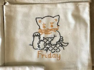 VINTAGE Set DAYS OF THE WEEK Hand Embroidered Flour Sack TOWELS KITTENS CATS 7
