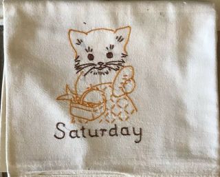VINTAGE Set DAYS OF THE WEEK Hand Embroidered Flour Sack TOWELS KITTENS CATS 8