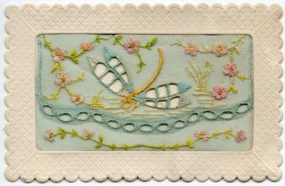 Rare: Art Deco Style Embroidered Silk Postcard: Dragonfly