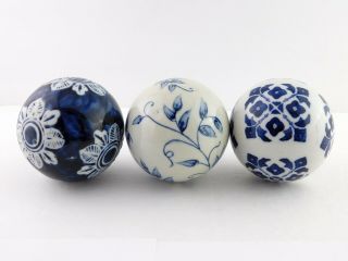 Group Of 3 Blue White Ceramic Carpet Balls Decorative Floral Flower Designs