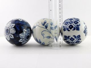Group of 3 Blue White Ceramic Carpet Balls Decorative Floral Flower Designs 2