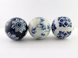 Group of 3 Blue White Ceramic Carpet Balls Decorative Floral Flower Designs 3