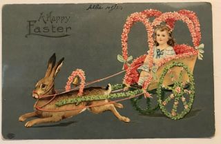 Bunny Rabbit With Little Girl In Flower Cart Antique Easter Postcard - C840