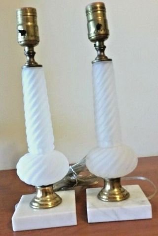Vintage Frosted White Satin Glass Table Lamps With Marble Base