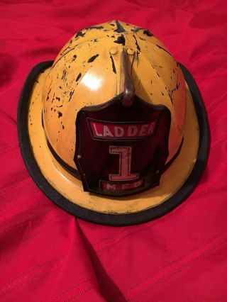 Cairns Fire Helmet 1010 Style Yellow Mfd Ladder 1 Leather Front Manchester?