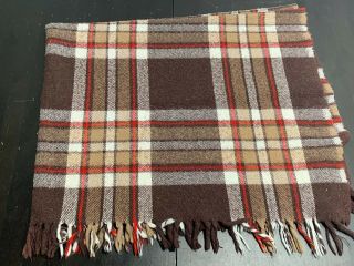 Vintage Faribo Wool Blanket Throw Brown Plaid Fringe Tan Rust Orange 53”x41”