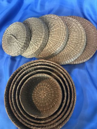 5 Sweet - Grass Nested Round Baskets With Lids Farmhouse Chic 6 1/2 " To 4 "