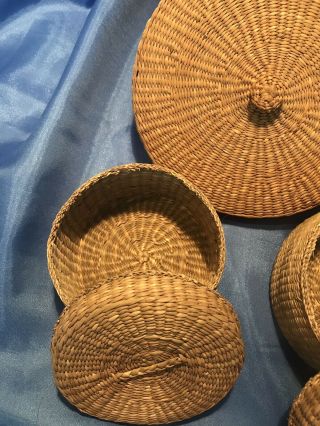 5 Sweet - grass Nested Round Baskets with Lids Farmhouse chic 6 1/2 