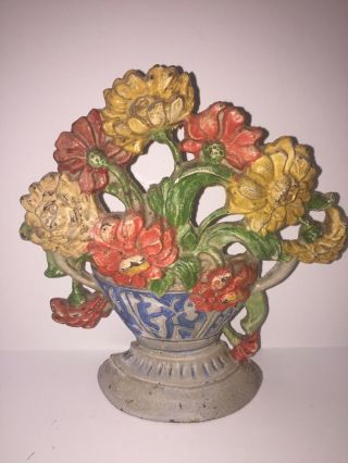 Antique/vintage Cast Iron Doorstop Painted Floral Basket Exc