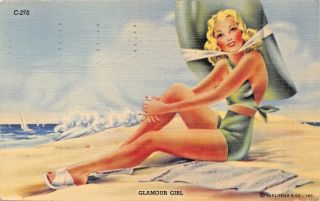 Blonde Glamour Girl Pin Up Green 2 Piece - Large Hat - Military Post Postcard