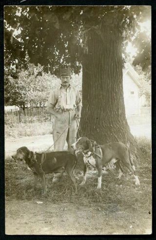 Rppc Man W Two Hunting Dogs Hounds ? Antique Real Photo Postcard C 1910