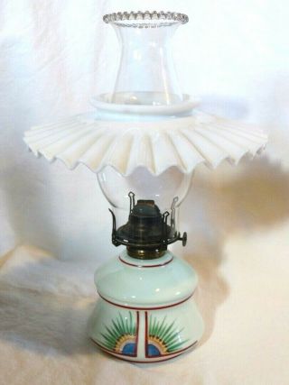 Vintage Oil Lamp Pearl Top Blown Glass Chimney & 1 Queen Anne,  Glass Shade