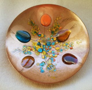 Mid Century Modern 8 " Bowl Enamel On Copper Colorful Flowers Label