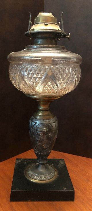 Antique Vintage Eapg Glass & Metal Pedestal Figural Face Oil Lamp