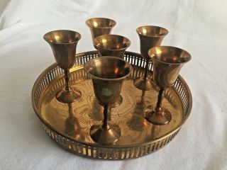 Vintage Brass Cordial Set Brass Galley Tray W/ 6 Brass Cordial Cups