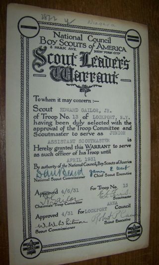 1931 Vintage Bsa Boy Scout Leaders Warrant Certificate Document Lockport Ny