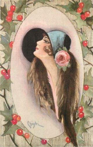 Art Nouveau Signed Artist Postcard Chiostri Woman With Holly And Flowered Hat