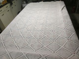 Vtg Hand Made Crochet Afghan Blanket 94 X 104 Ivory White Bedspread 4009
