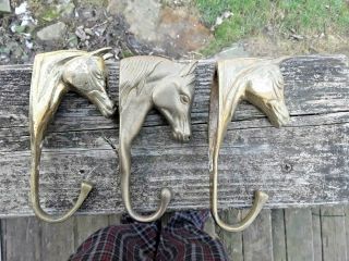 Vintage Brass Horse Coat Hat Mount Hook Hangers Set Of 3