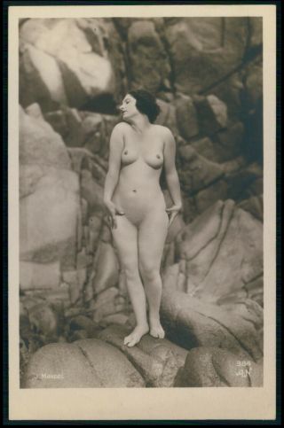 French Nude Woman Nudist On Rocks Old 1920s Mandel Photo Postcard