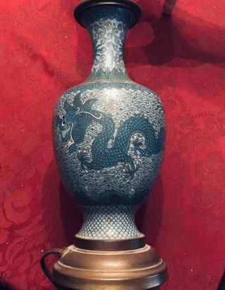 Vintage Blue Cloisenne Double Dragon Lamp 2