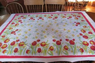 Vintage Kitchen Tablecloth,  Tulips,  Daffodils,  Rectangle 65 1/2 " X 49 ",  Bright Color