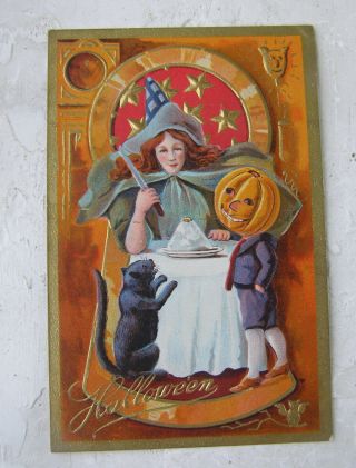 Vintage Embossed Halloween Post Card Witch Black Cat Jack O Lantern Boy Key Hole