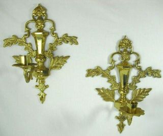 Vintage Pair Hollywood Regency Ornate Brass Candle Stick Holders Wall Sconces