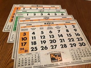1940 Calender Cards Kalamazoo Vegetable Parchment Co.  March,  June,  July,  December
