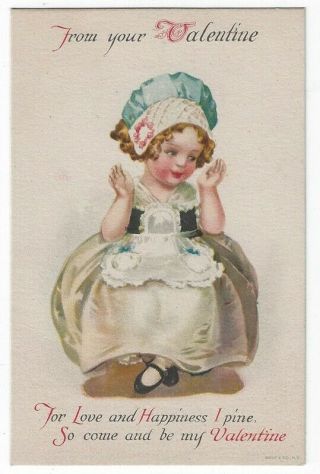 Vintage Valentine Greetings Postcard,  Young Girl Wearing A Blue Bonnet