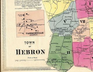 Hebron,  Ct.  1869 Hand Colored Historical Map With Homeowners Names In 1869 Shown