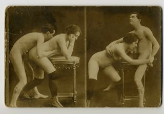 French Nude Couple In Action 5 - Naked Woman & Man - Old Photo Postcard C.  1900