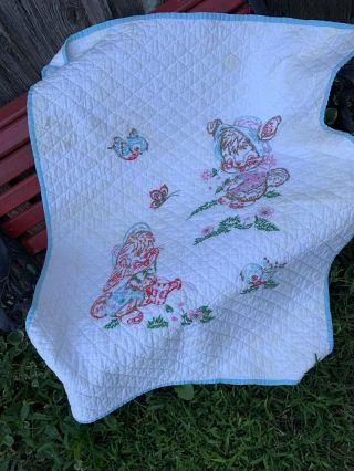 Vintage 1950’s Era White Hand Embroidery Baby Blanket With Blue Trim