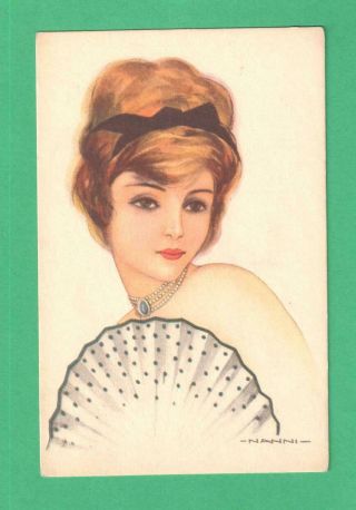 Vintage Nanni Portrait Art Postcard Lady Pearl Choker Fan