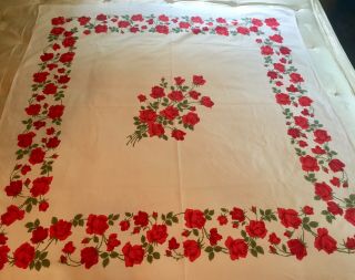Vintage Mid Century Linen Tablecloth,  Table Topper W/ Red Roses,  American Beauty