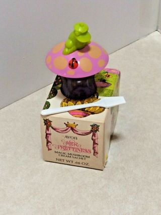 Avon Her Prettiness Cream Sachet Jar W/ Frog Perched On A Mushroom Empty
