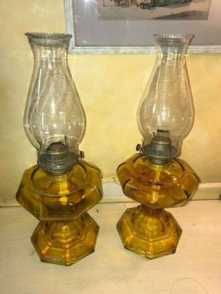 Pair 18 " Vintage Amber Glass Octagonal Oil Lamp W/ Hurricane Shade