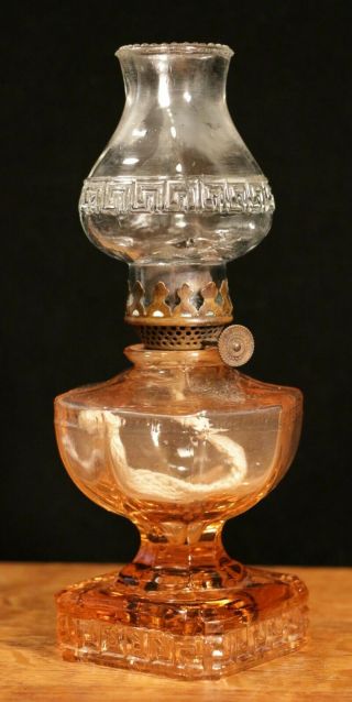Antique Miniature Pink Greek Key Glass Oil Lamp