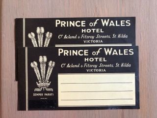 Two Vintage Luggage Labels Prince Of Wales Hotel Melbourne,  Victoria Australia